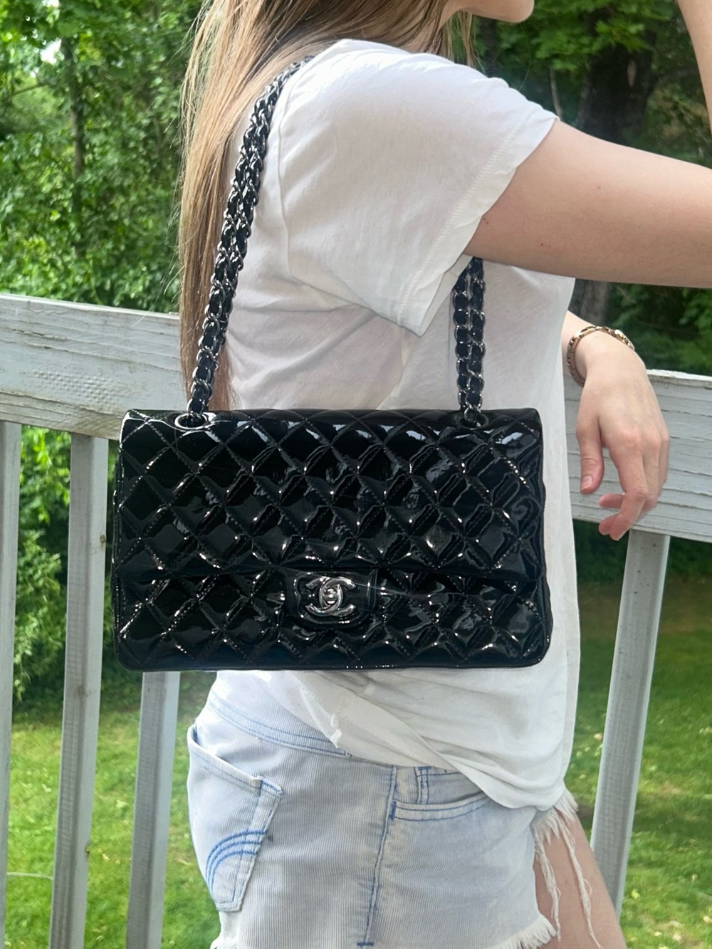 CHANEL Medium Classic Double Flap Patent Leather Quilted Handbag Black